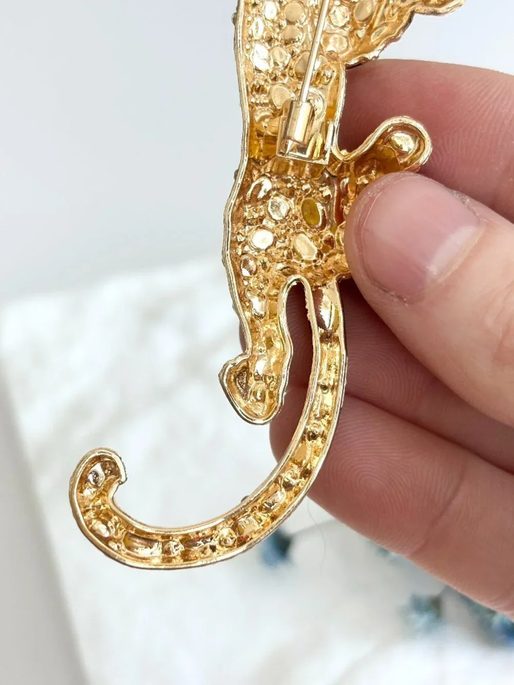 Climbling Leopard Figural Gold Toned Black Rhinestone Vintage Insp Brooch Pin